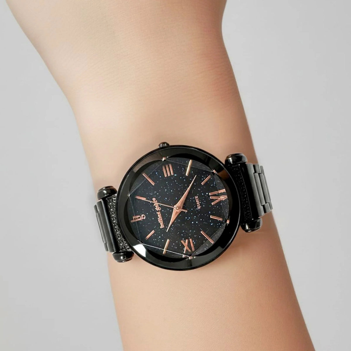 Bullion Gold Bullion Gold Romish Watch Embellished with Glittering Crystals - Black and Rose Gold