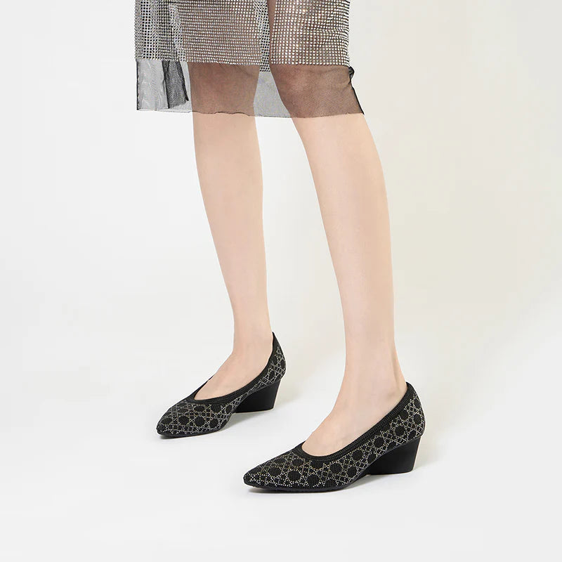 Rhinestone Check Knit Pointed Toe Wedge Pumps - Black