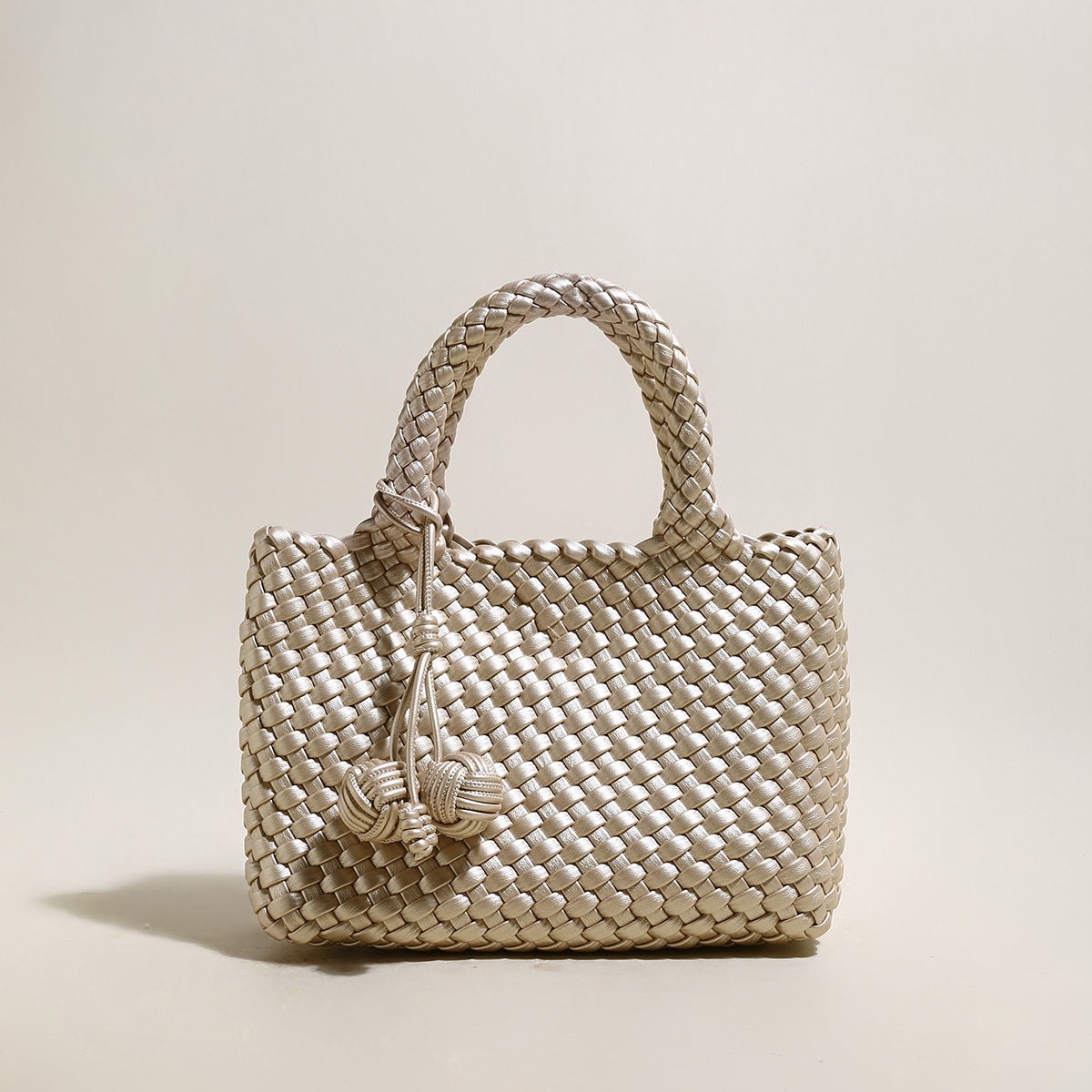 Happy Mini Woven Leather Top Handle Bag - Champagne