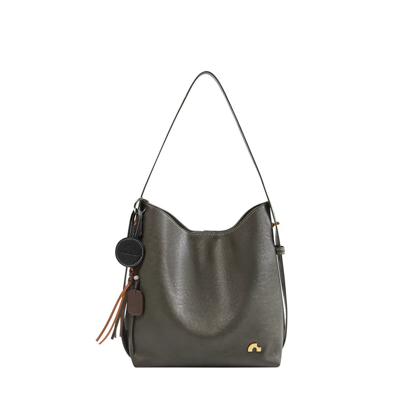 Nalandu Vintage Leather Large Capacity Tote Bag - Charcoal
