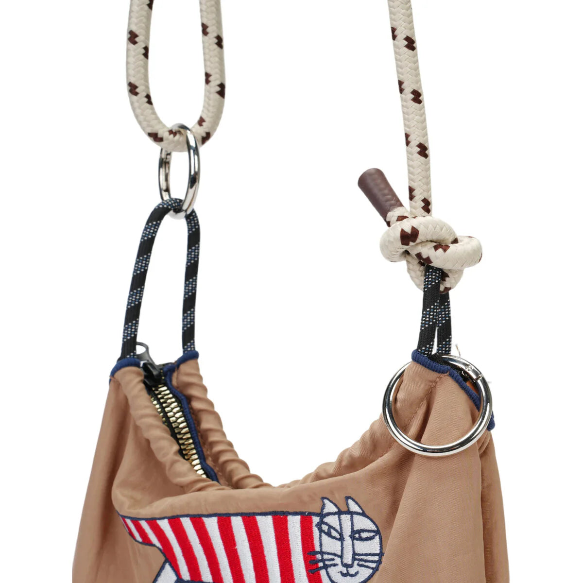BAMEI Recycled Nylon Mini Crossbody Bag with Cat Print & Braided Rope Strap - Mocha