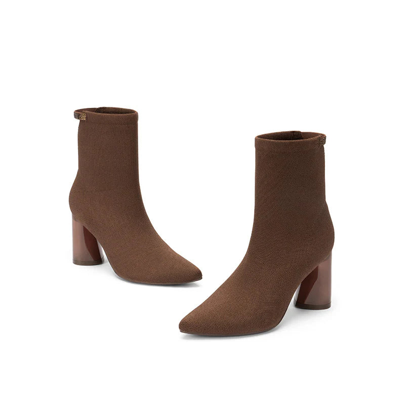 Pointed Toe Block Heel Knit Ankle Boots - Coffee