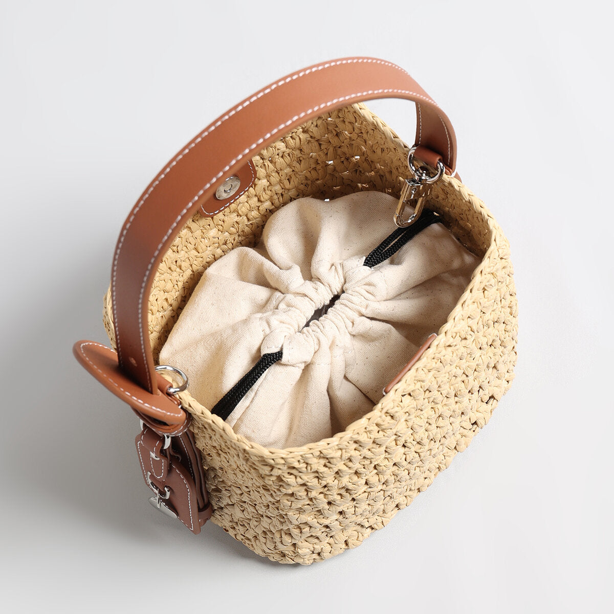 Handwoven Raffia Bucket Bag - Brown