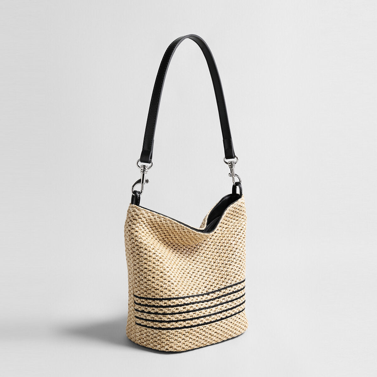 Striped Woven Straw Bucket Bag - Natural