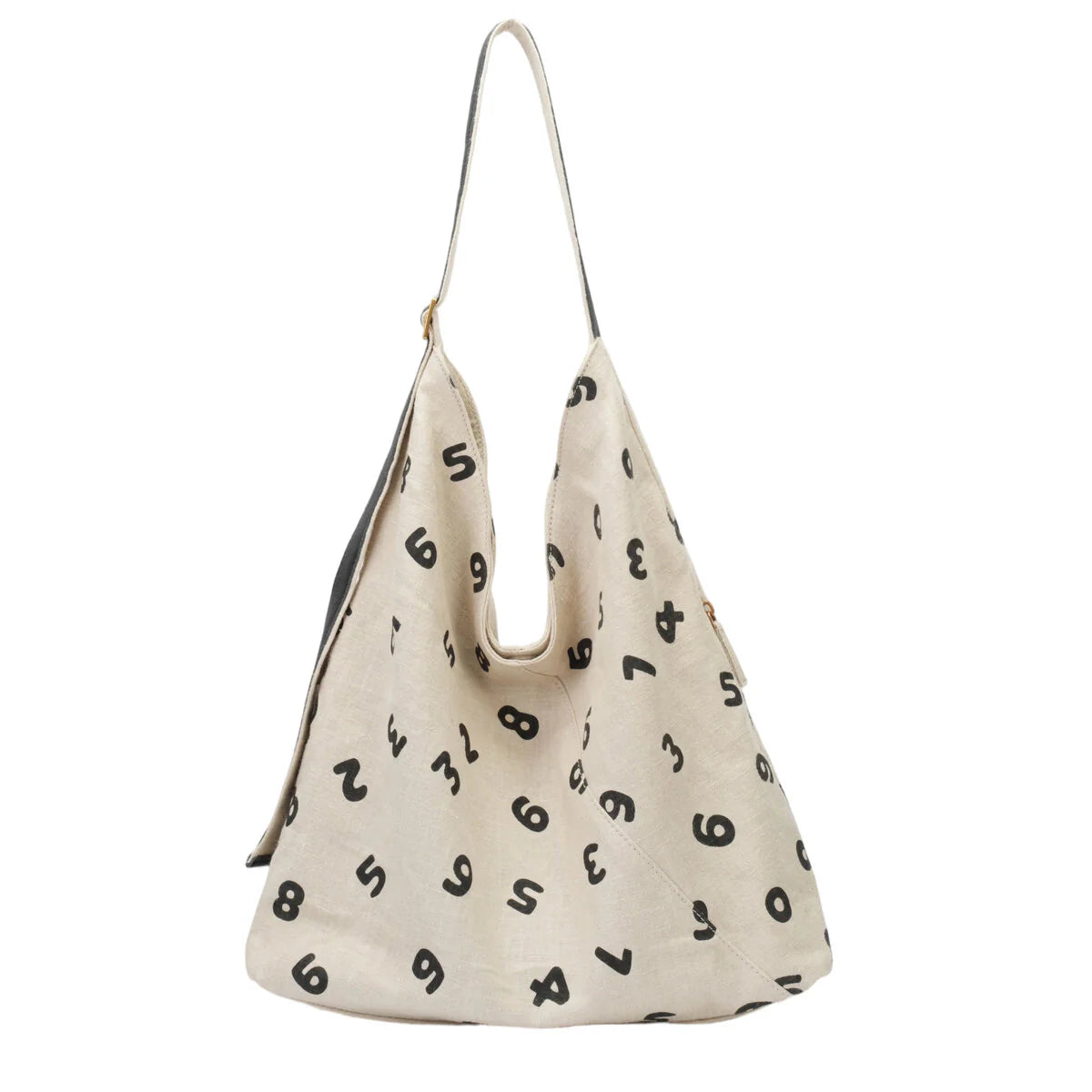 BAMEI Natural Ramie Oversized Hobo Tote Bag with Number Print & Leather Strap - Ivory