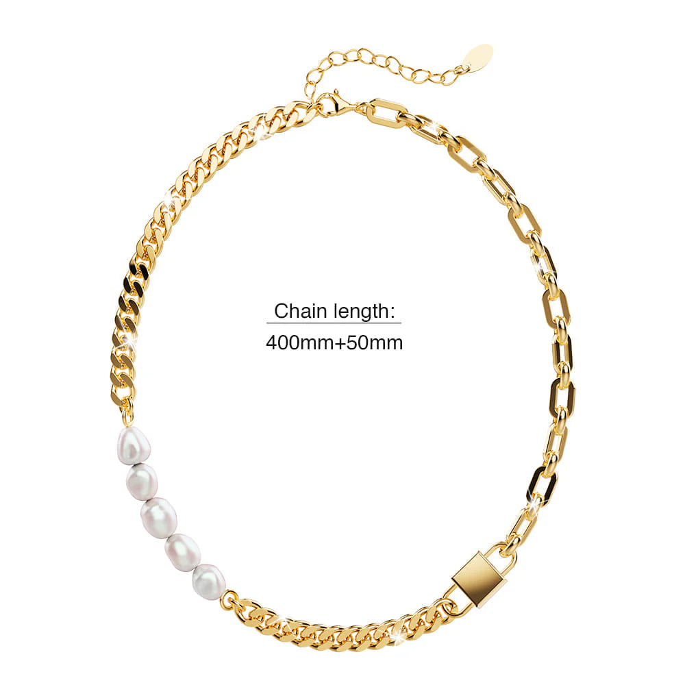 Bullion Gold Paperclip Cuban Chain Link Pearl Necklace in Gold
