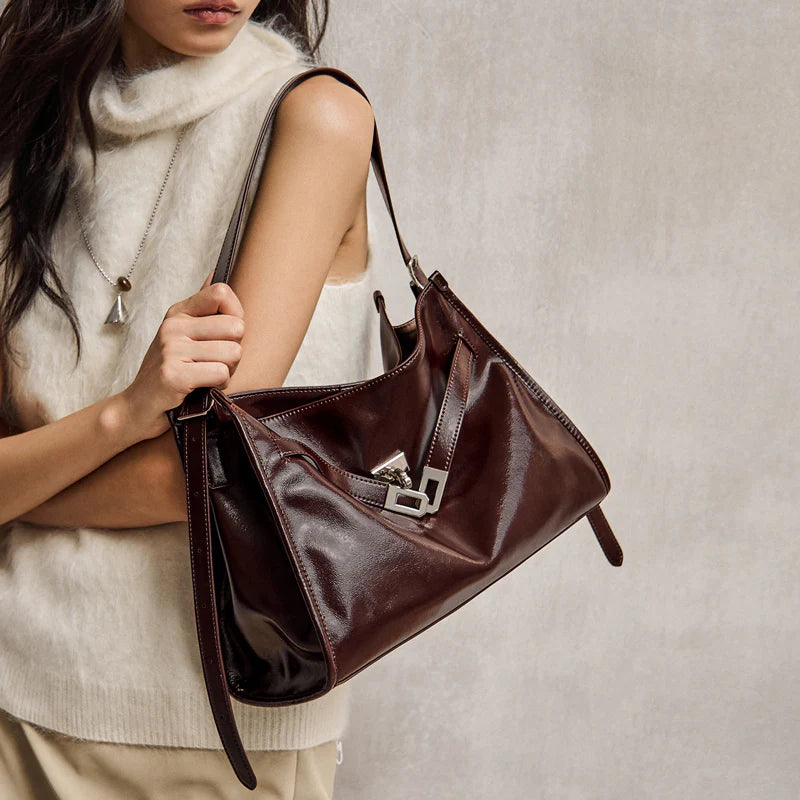 Nalandu Luxe Slouch Lock Shoulder Bag - Chocolate