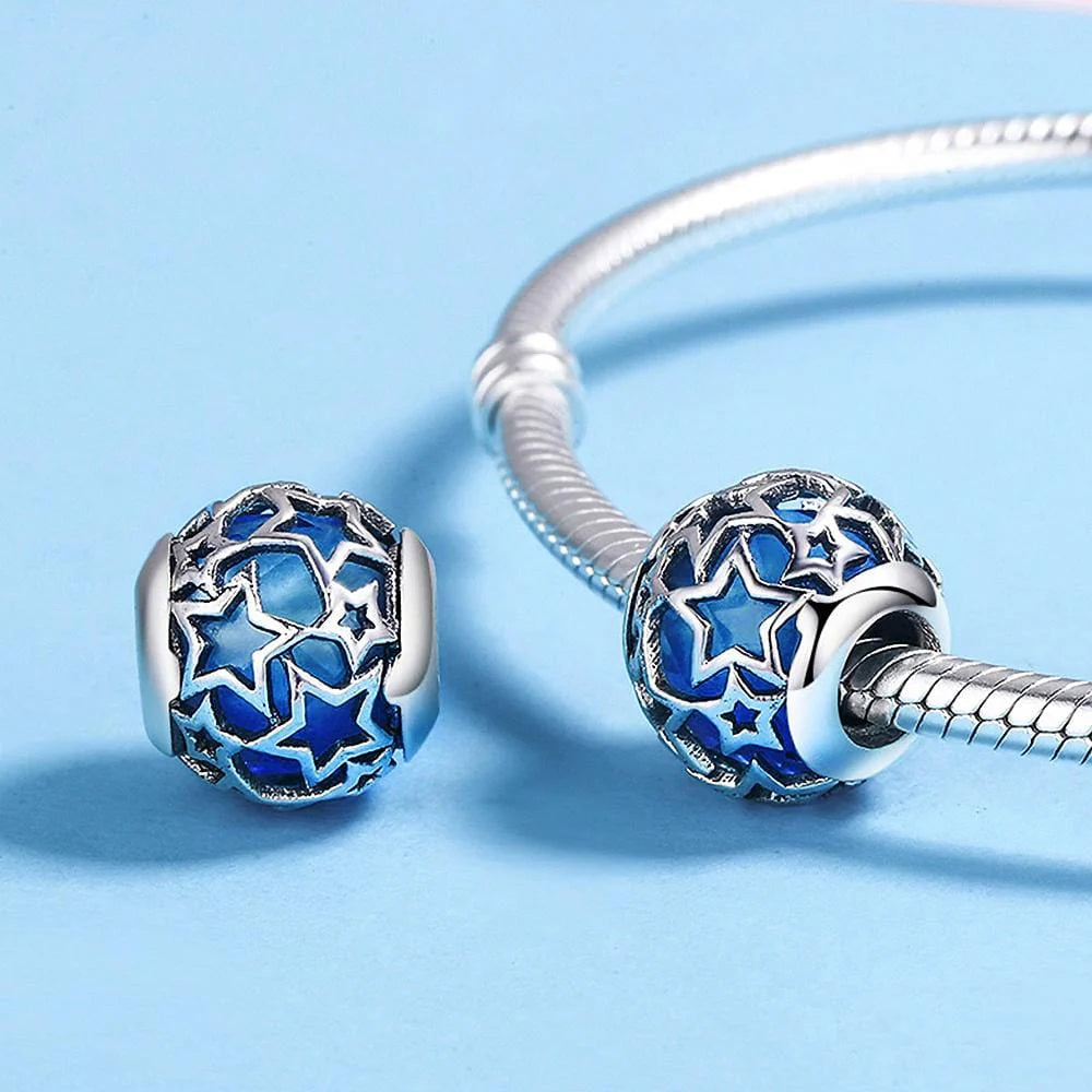 Solid 925 Sterling Silver Sky Blue Stars CZ Charm