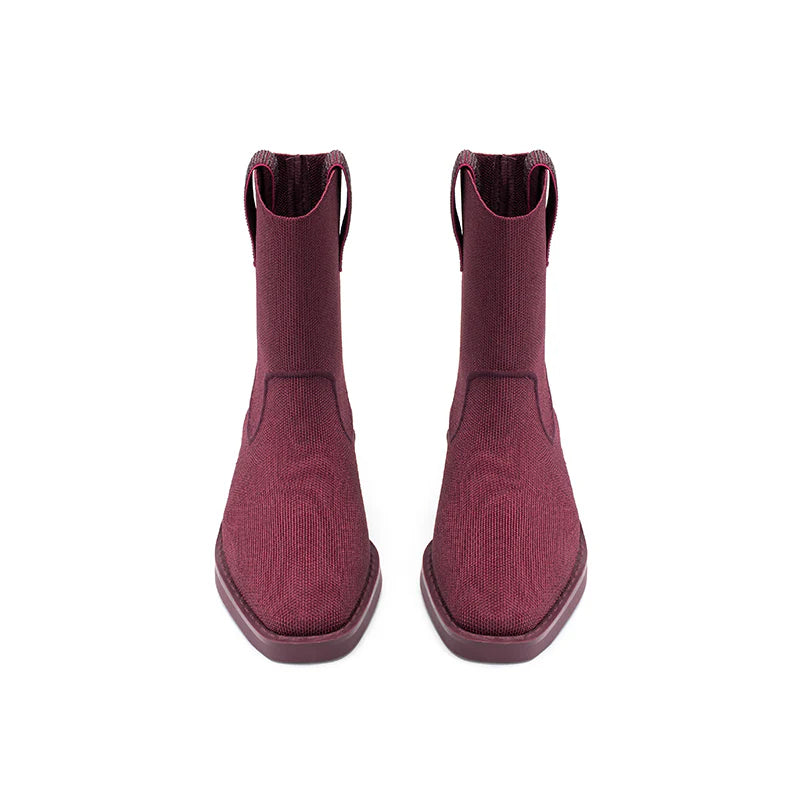 Knit Block Heel Ankle Boots - Wine