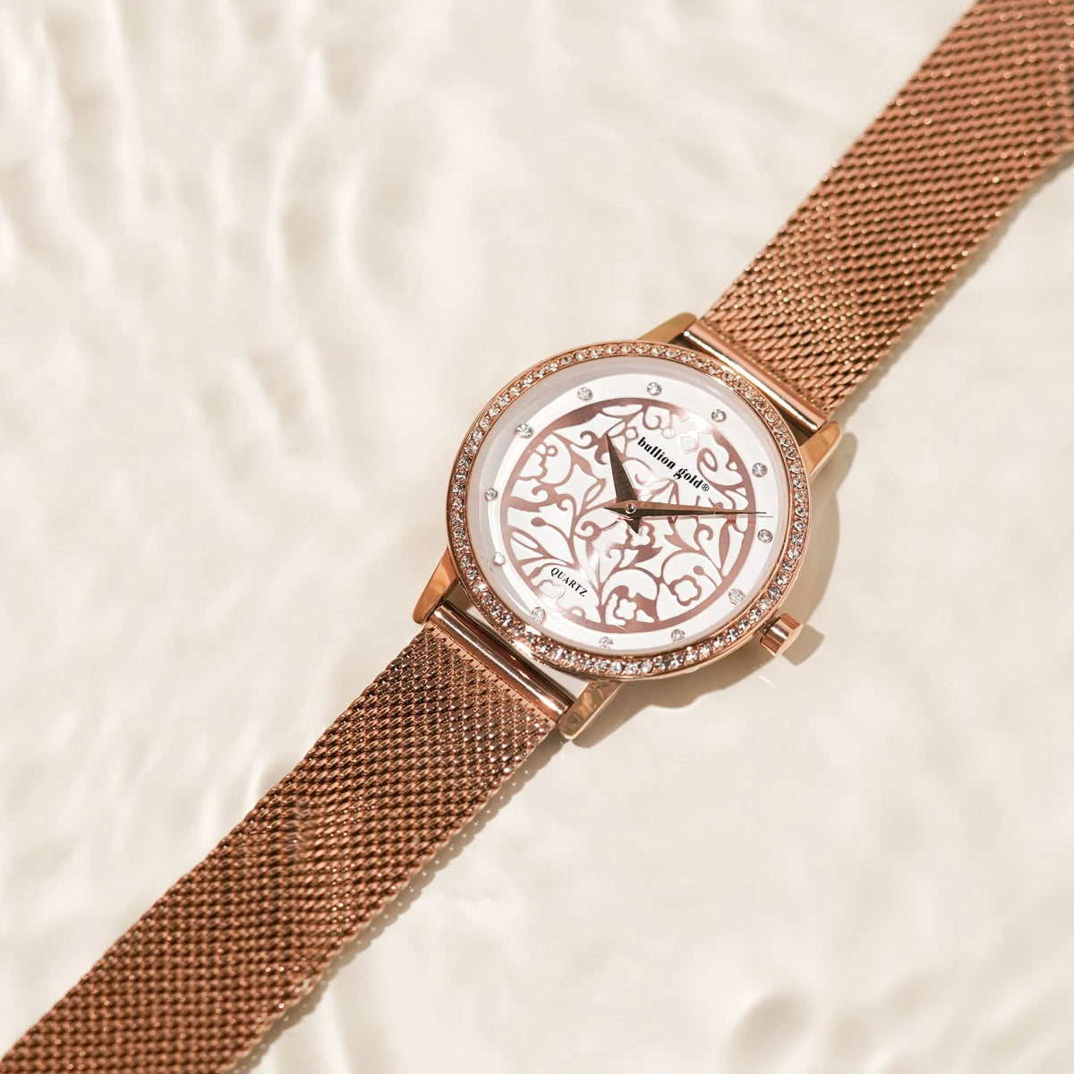Boxed Bullion Gold Elite watch and Bracelet Set Embellished with Crystals in Rose Gold