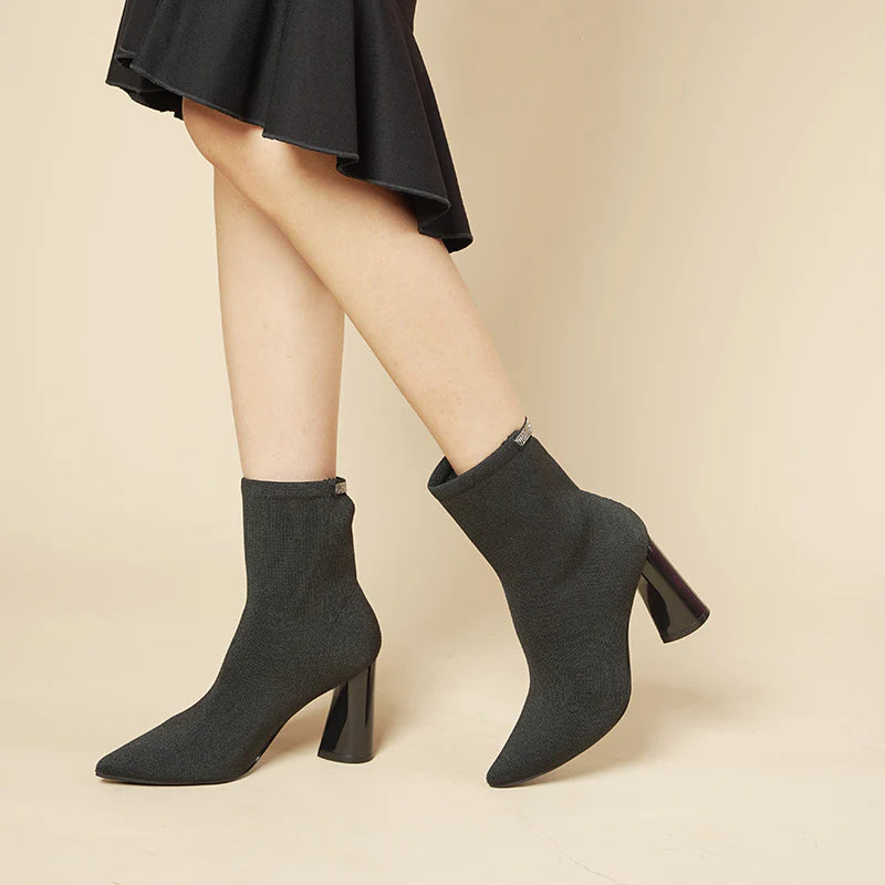 Pointed Toe Block Heel Knit Ankle Boots - Black