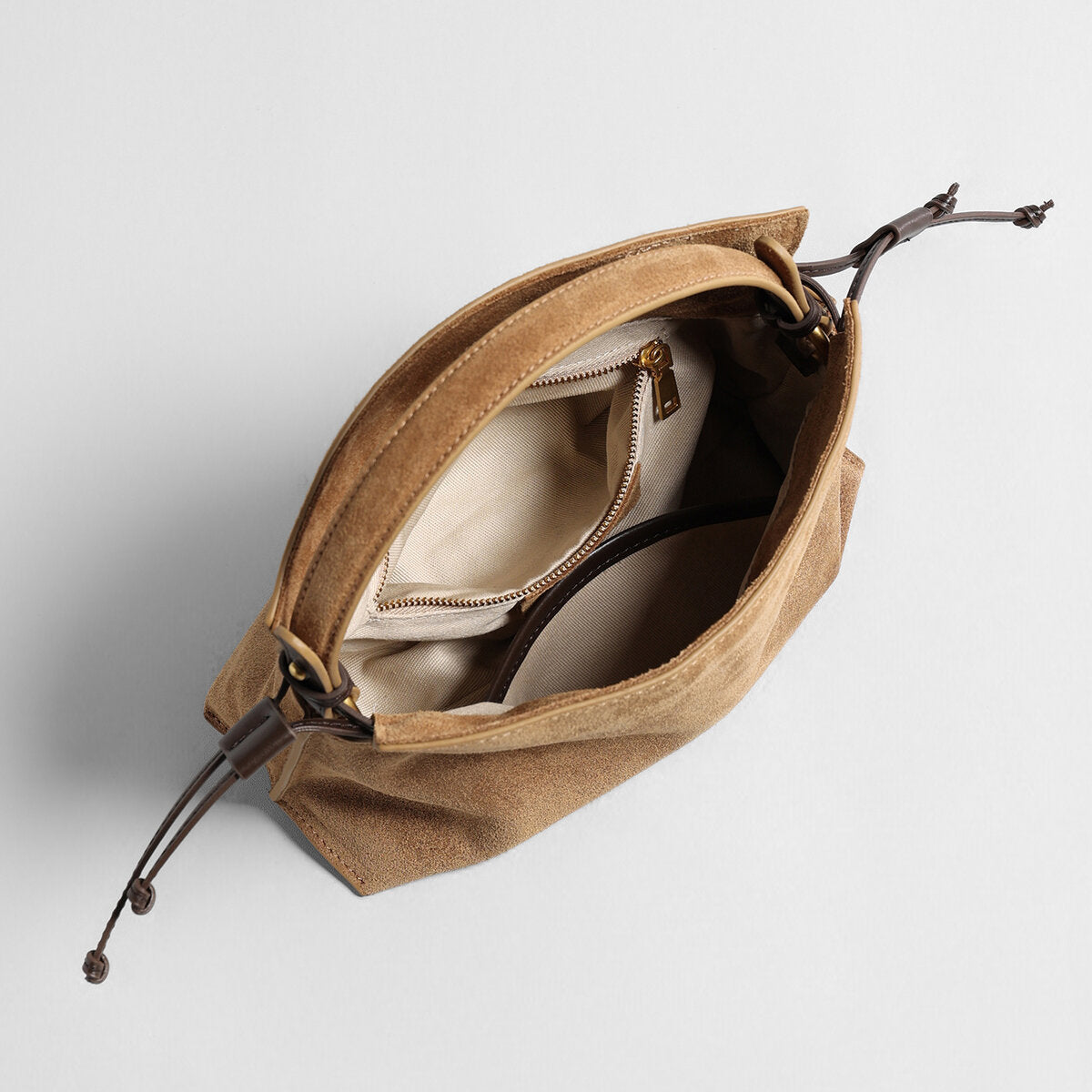 Suede Leather Fortune Pouch Bag - Camel