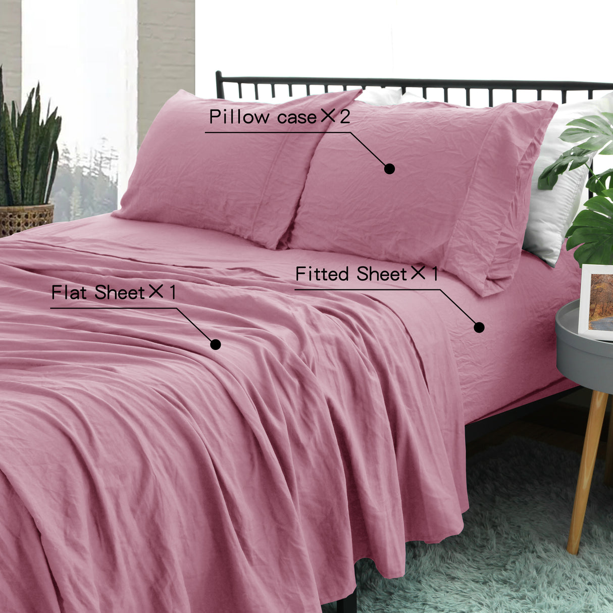 Ramesses Pebble Wash Linen Alternative Sheet Set - Classic Rose