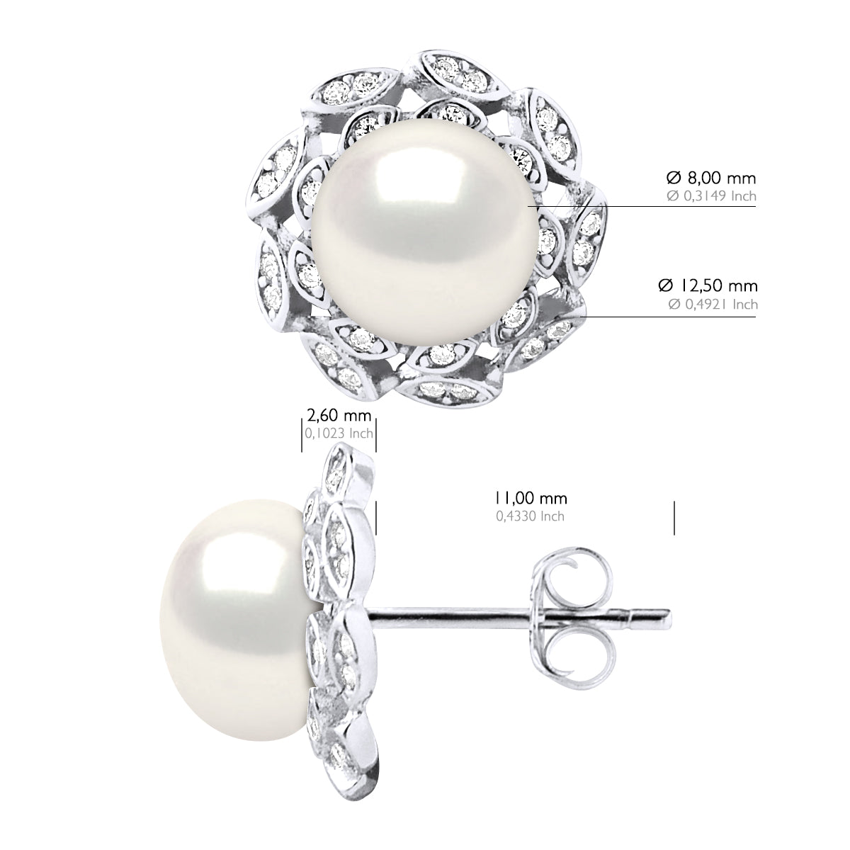 Earrings Real Cultured Freshwater Pearls Button 8-9 mm - Natural White - Length Rod 0,8 cm