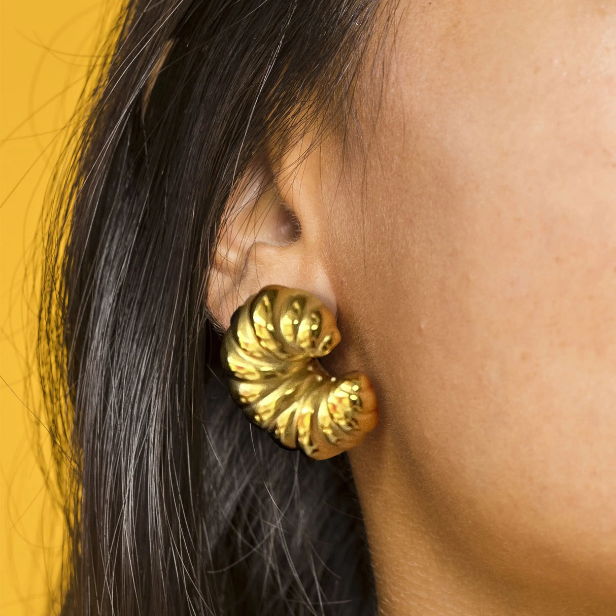 Bullion Gold Ridged Crescent Gold layered Stud Earrings