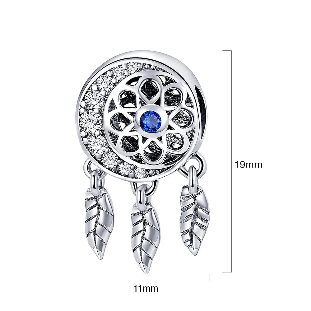 Solid 925 Sterling Silver Dream Catcher Sapphire Blue CZ Charm