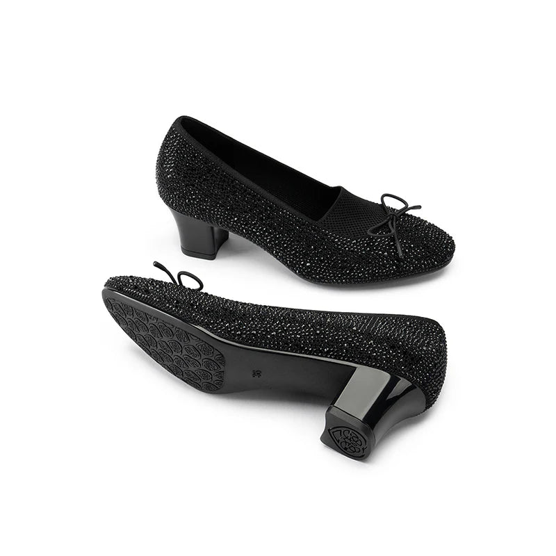 Rhinestone Bow Knit Round Toe Block Heel Pumps - Black