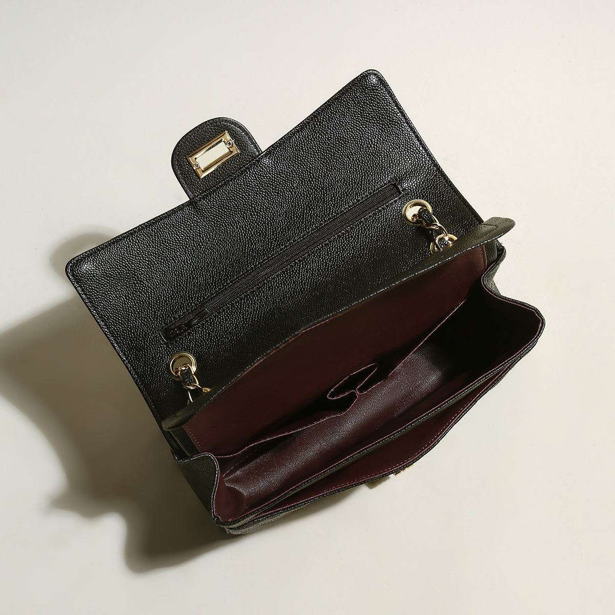 Classic Black Quilted Caviar Leather Flap Shoulder Bag - Black