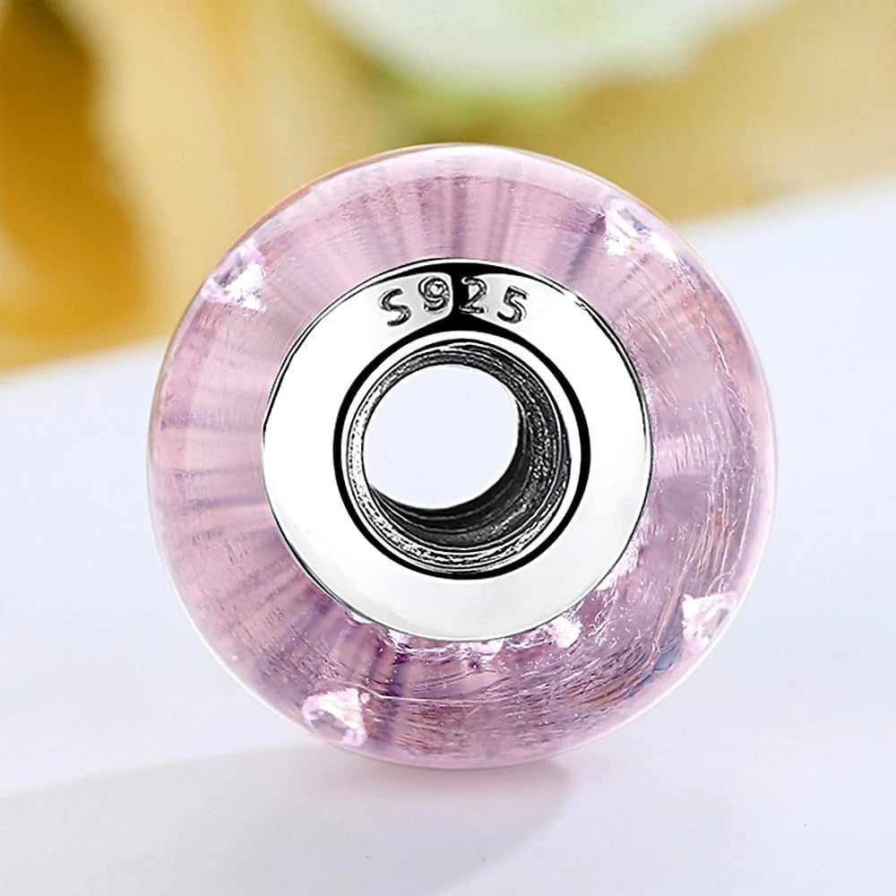 Solid 925 Sterling Silver Pink Bubbles Inclusion Murano Glass Charm