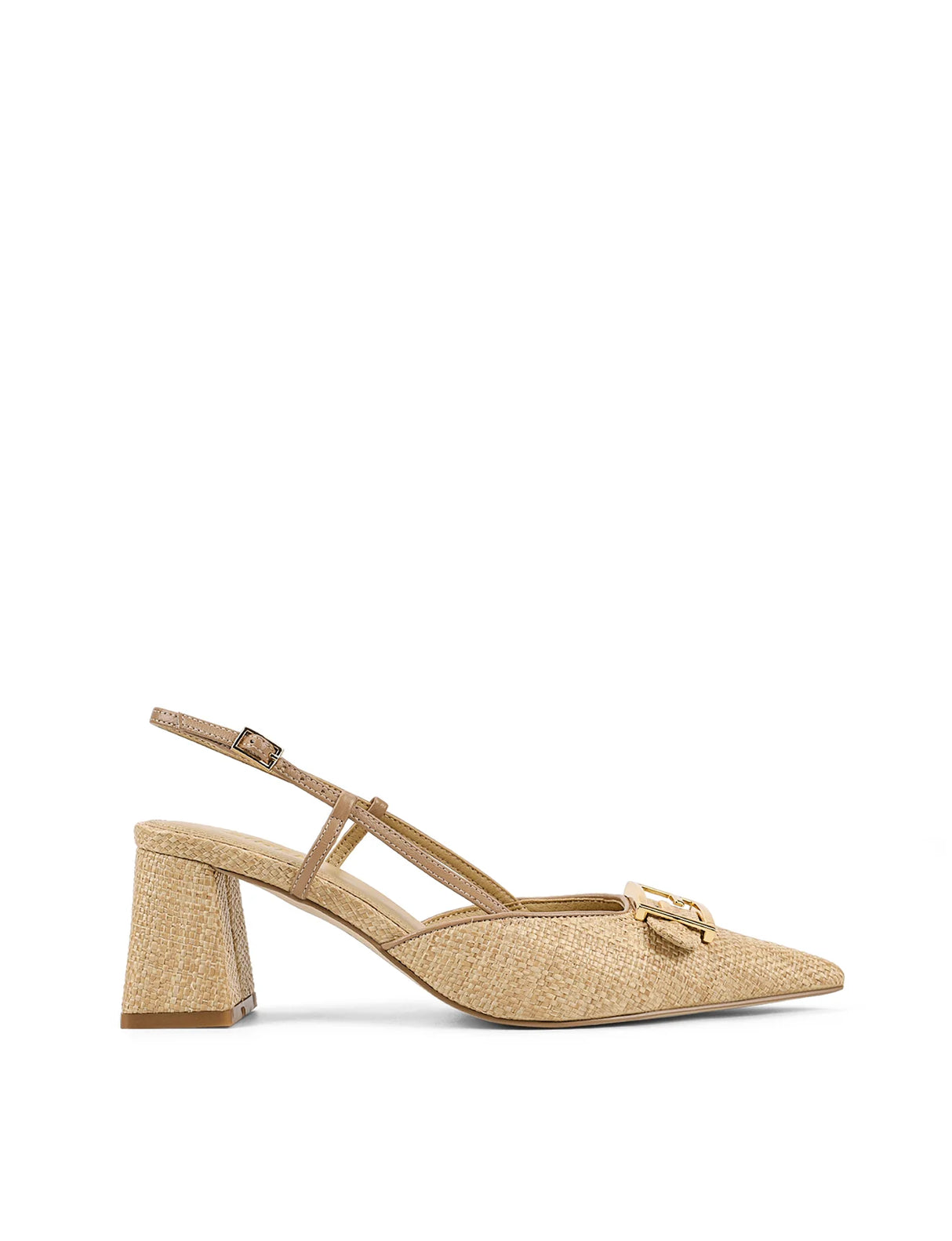 Siren Sling Back Block Heels - Almond Tan Leather & Natural Raffia