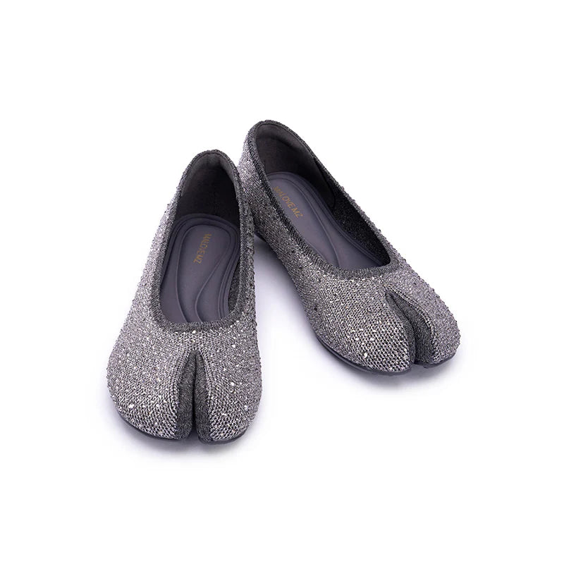 Glam Rhinestone Split Toe Flats - Grey