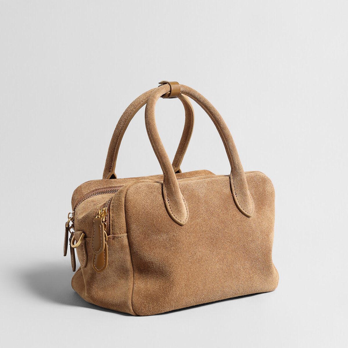 Suede Leather Bowling Bag - Camel