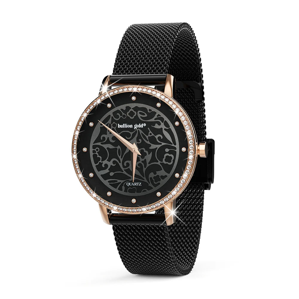 Bullion Gold Bullion Gold Elite Watch Embellished with Rhinestone - Rose Gold and Black
