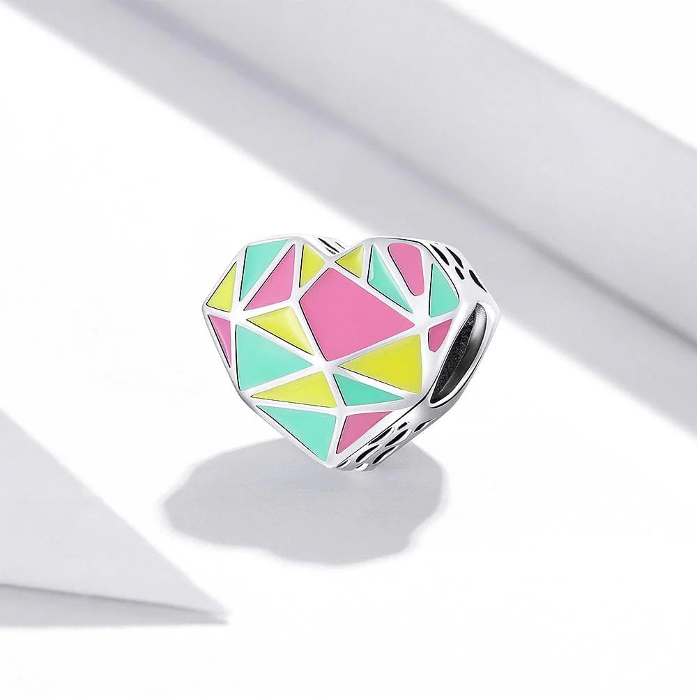 Solid 925 Sterling Silver Multicolur Heart-Shaped Geometric Pandora Inspired charm