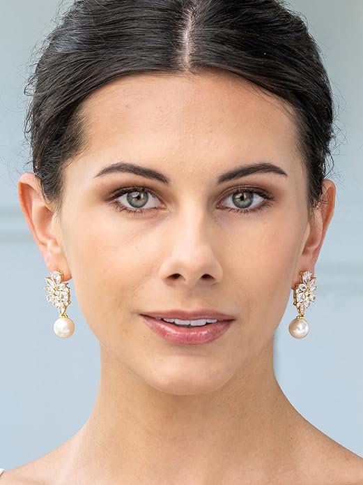 Liv Oliver 18K Gold Cluster Cz & Pearl Drop Exquisite Earrings