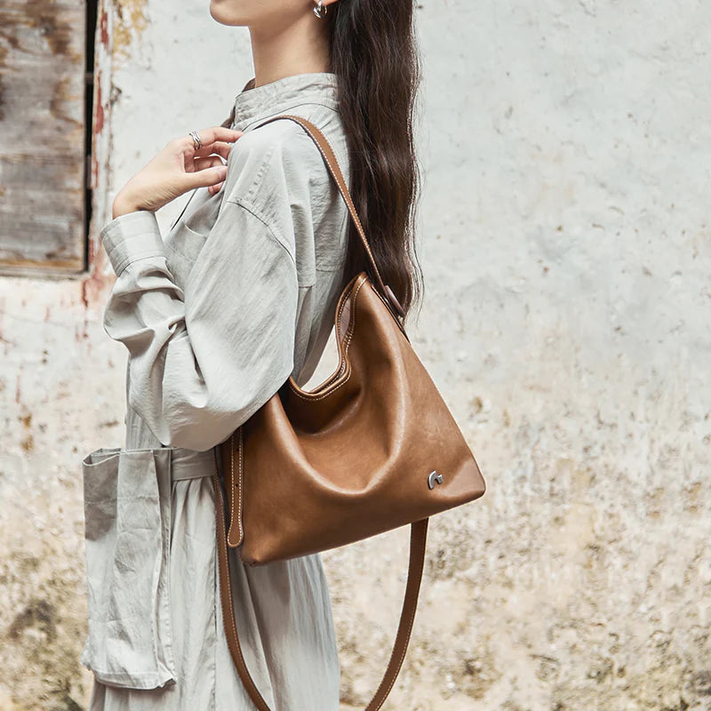 Nalandu Vintage Leather Slouchy Tote Bag - Brown