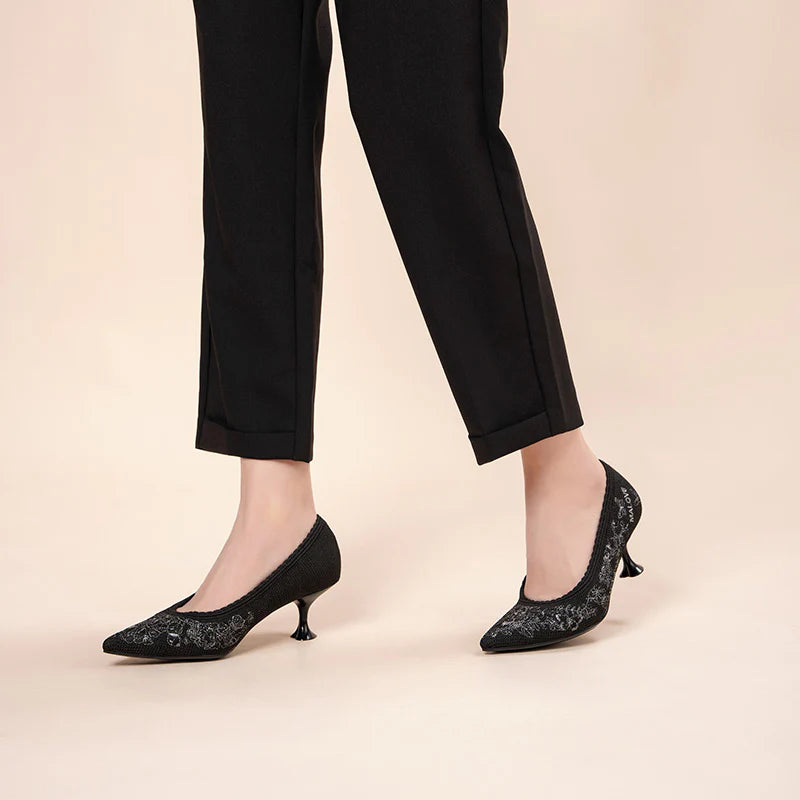 Enchanted Butterfly Pointed Toe Kitten Heels - Black