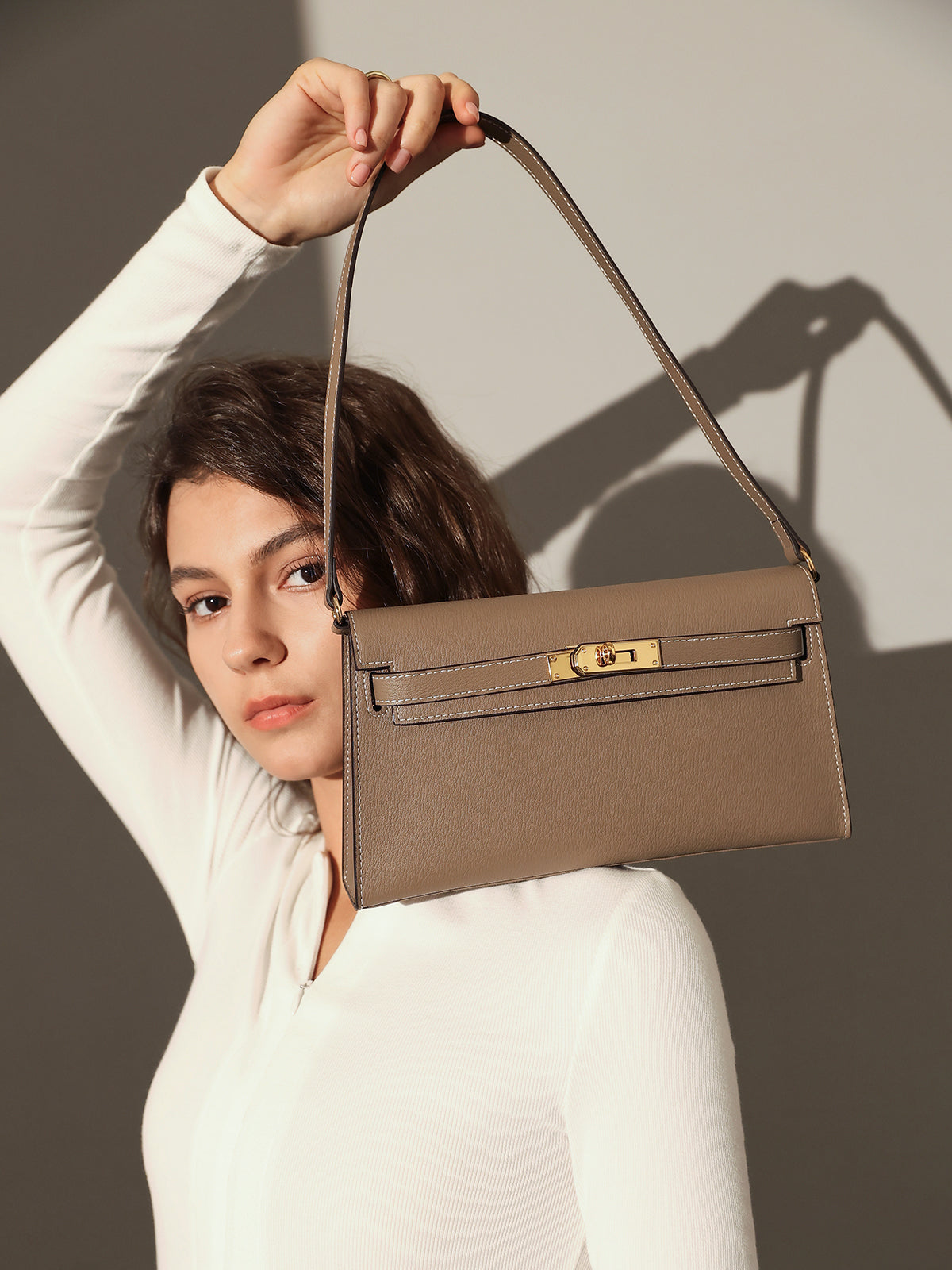 Camille Palm-Grain Calfskin Shoulder Bag - Taupe