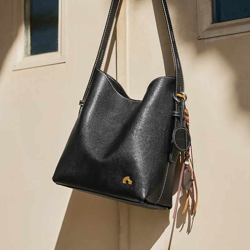 Nalandu Vintage Leather Large Capacity Tote Bag - Black