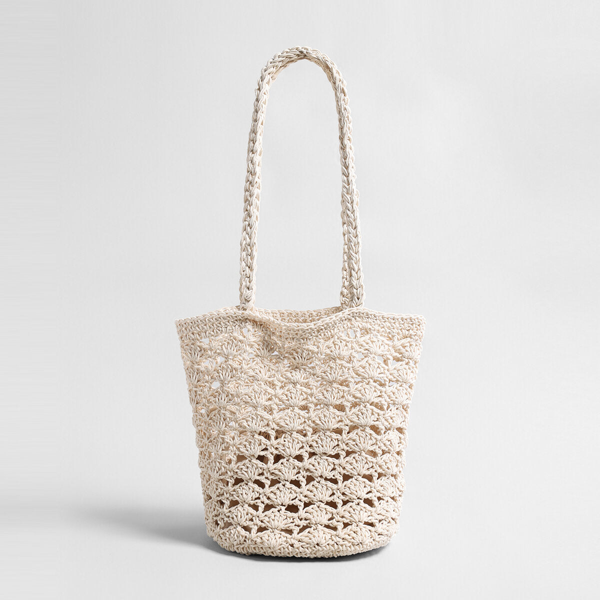 Hand-Crocheted Cotton Shell-Stitch Bucket Tote - Ivory