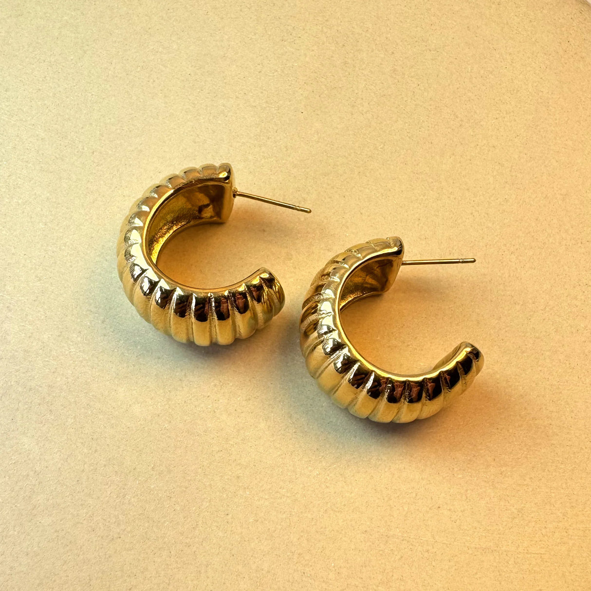 Bullion Gold Ridged Hoop Gold layered Stud Earrings