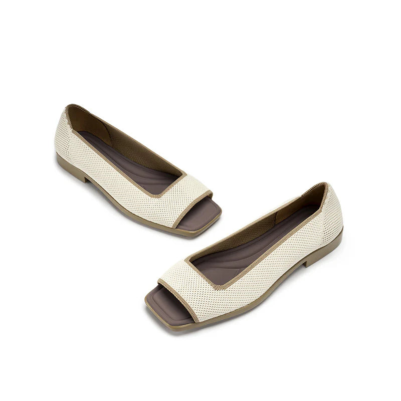 Colorblock Peep Toe Knit Flats - Ivory