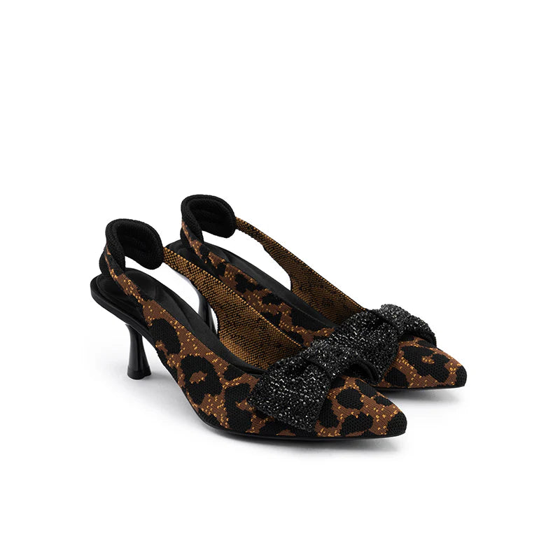 Rhinestone Bow Slingback Kitten Heels - Leopard