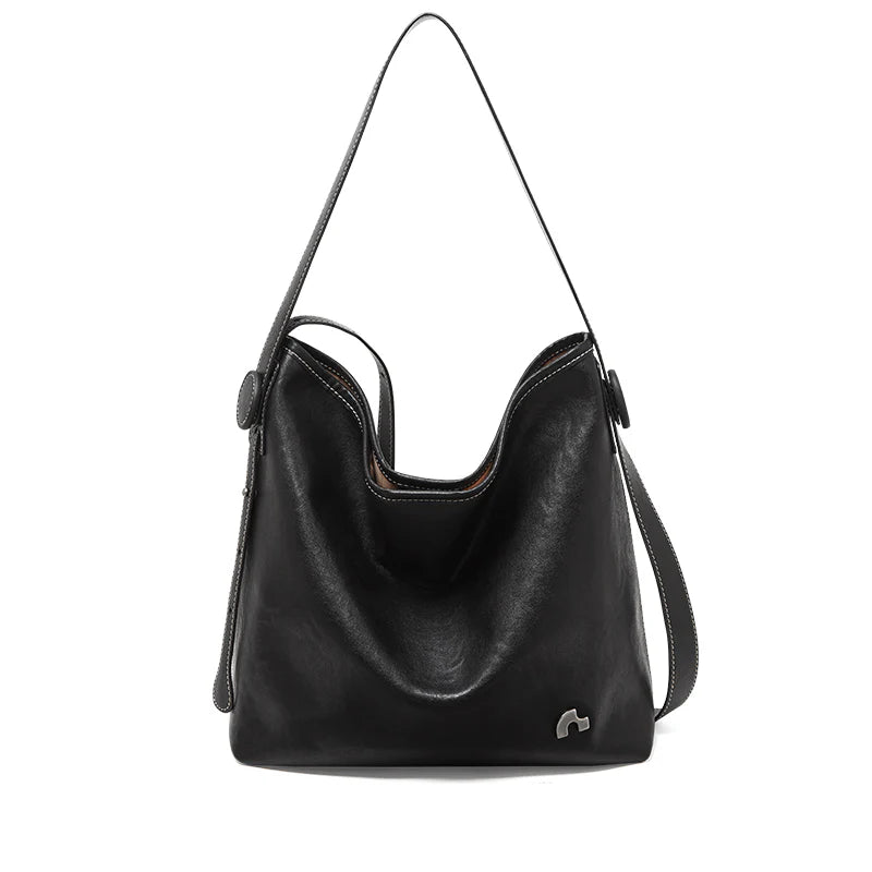 Nalandu Vintage Leather Slouchy Tote Bag - Black