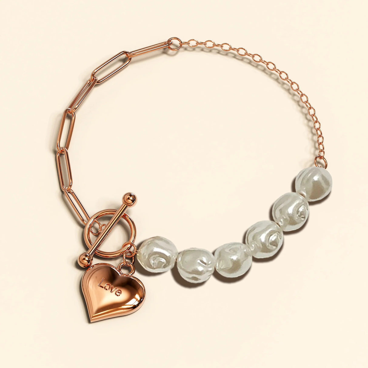 Bullion Gold Pearl Paper Clip Chain Heart Rose Gold Layered Stainless Steel Bracelet