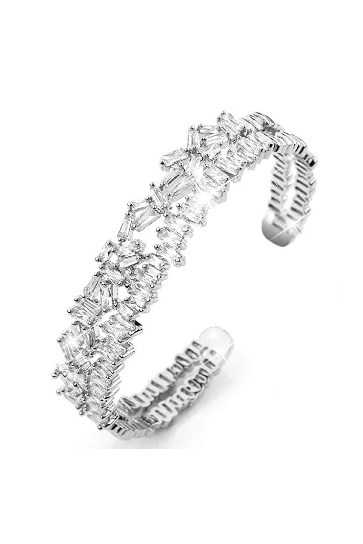 Liv Oliver 18K White Gold Baguette Embellished Cuff Bangle