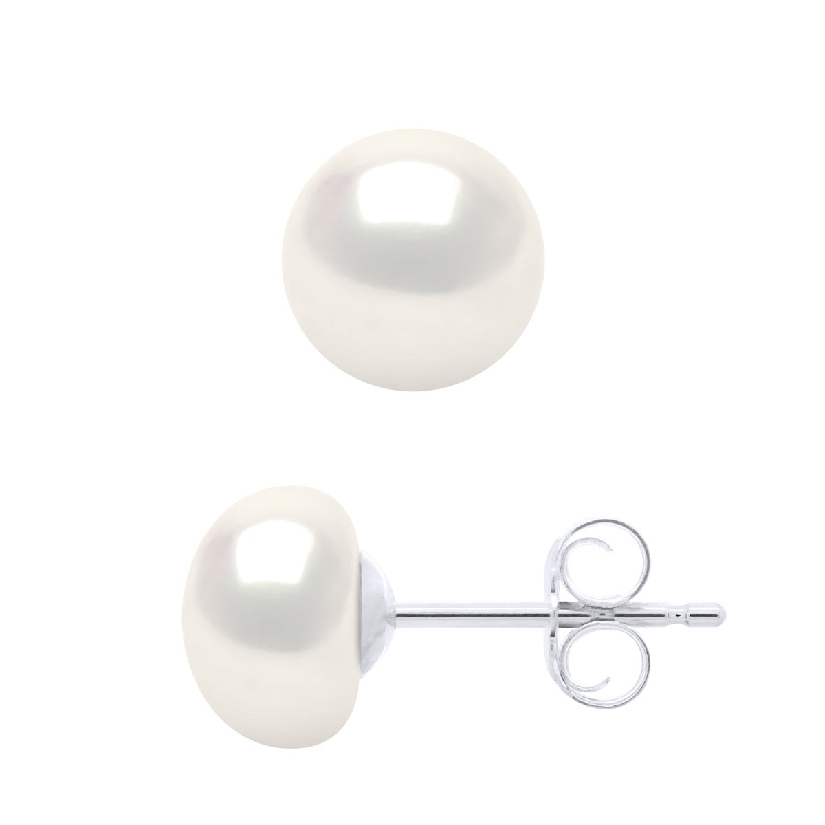 Earrings of Silver 925 and Real Cultured Freshwater Pearls Button 7-8 mm - Natural White - Longueur 18 cm