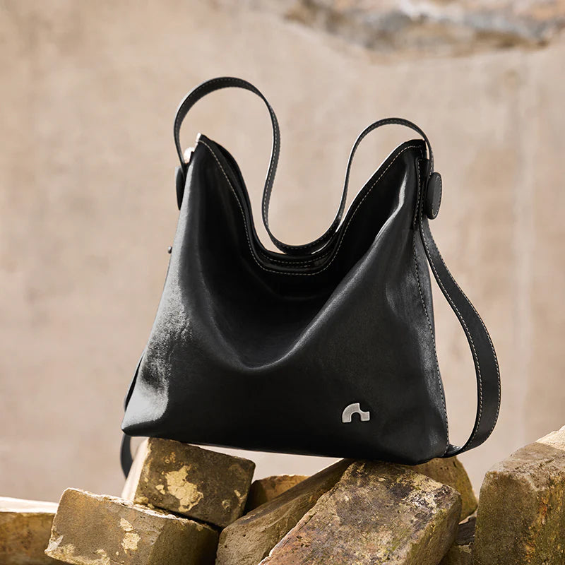 Nalandu Vintage Leather Slouchy Tote Bag - Black