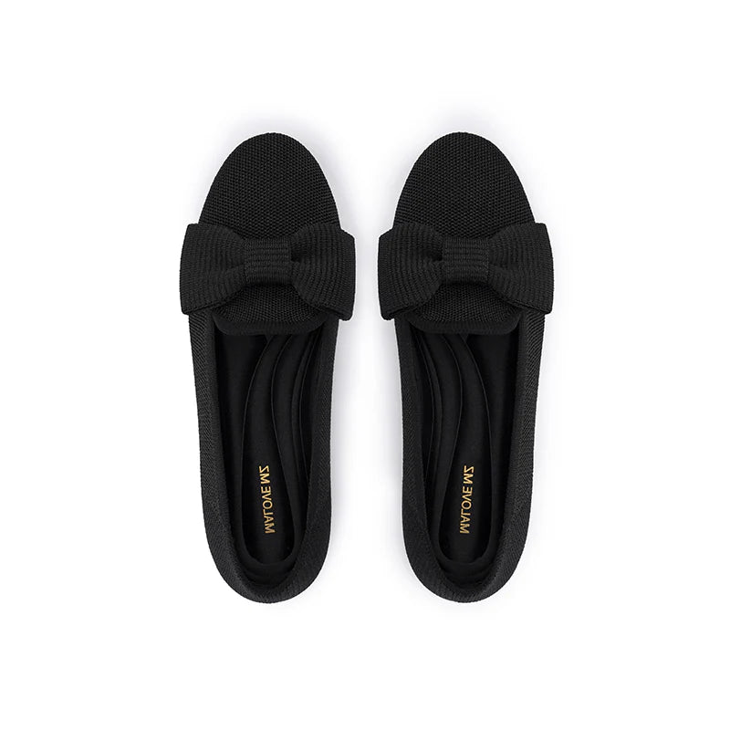 Bow Detail Round Toe Knit Flat Loafers - Black