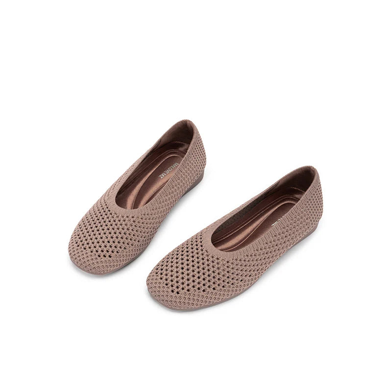 Heart Mesh Knit Square Toe Wedge Flats - Mocha