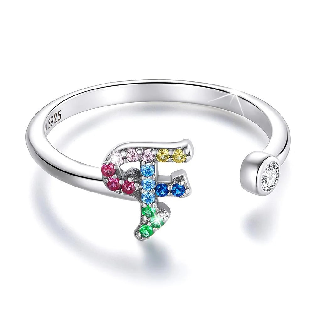 Adjustable Solid 925 Sterling Silver Colourful Rainbow Alphabet Letter Ring
