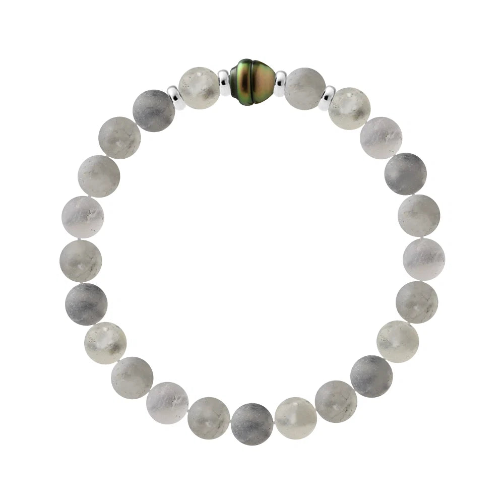 Tahitian Bracelet - Cloudy Quartz - Genuine Tahitian Cultured Pearl Circled 9-10 mm