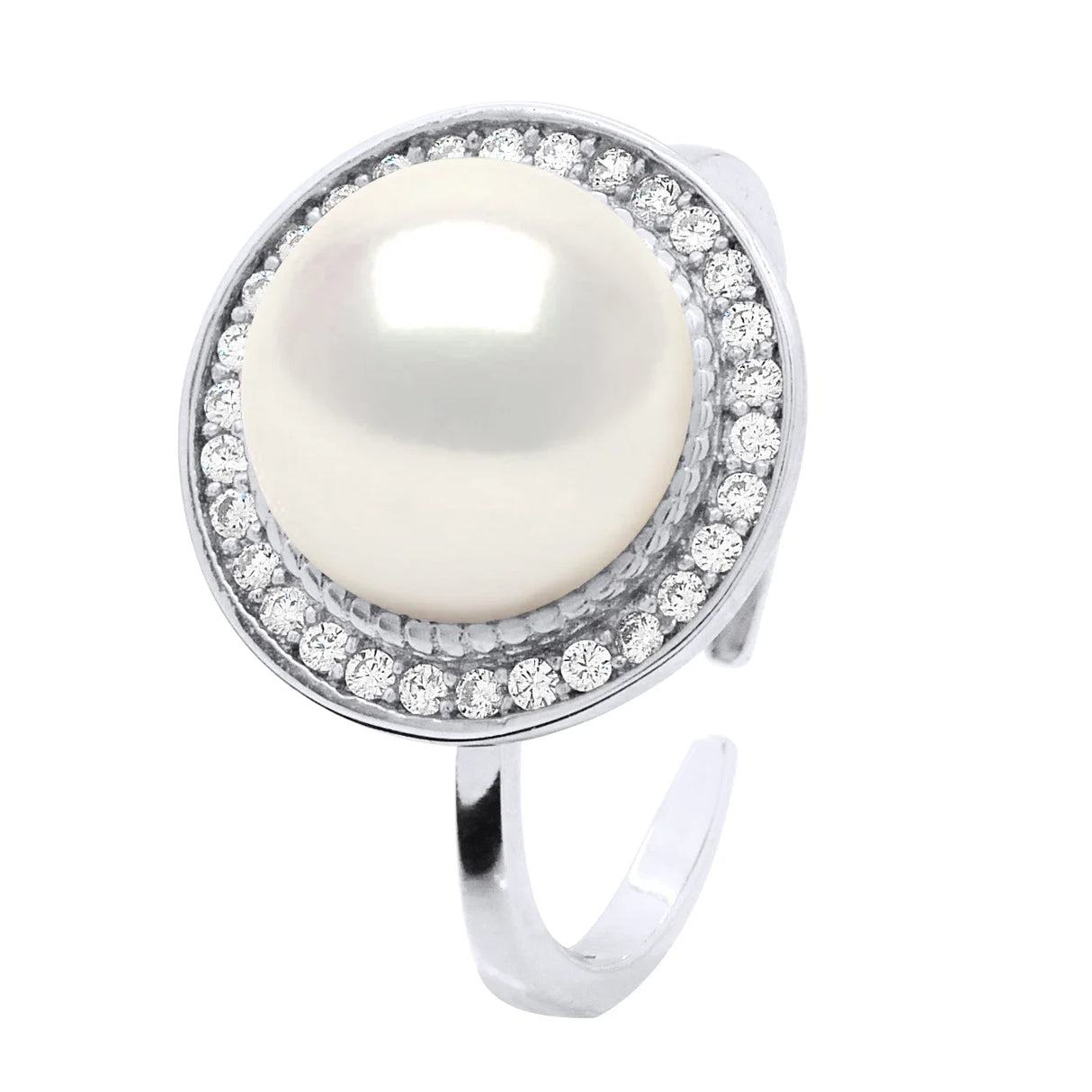 Ring Halo Button Freshwater Pearl & Cubic Zirconia White Adjustable