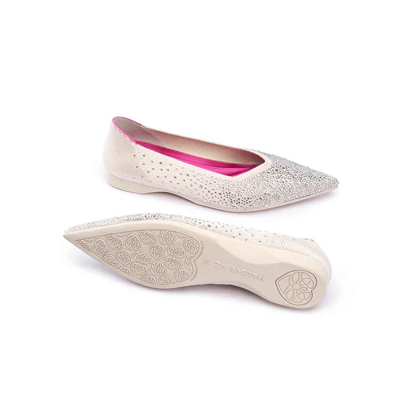Rhinestone Knit Pointed Toe Ballet Flats - White