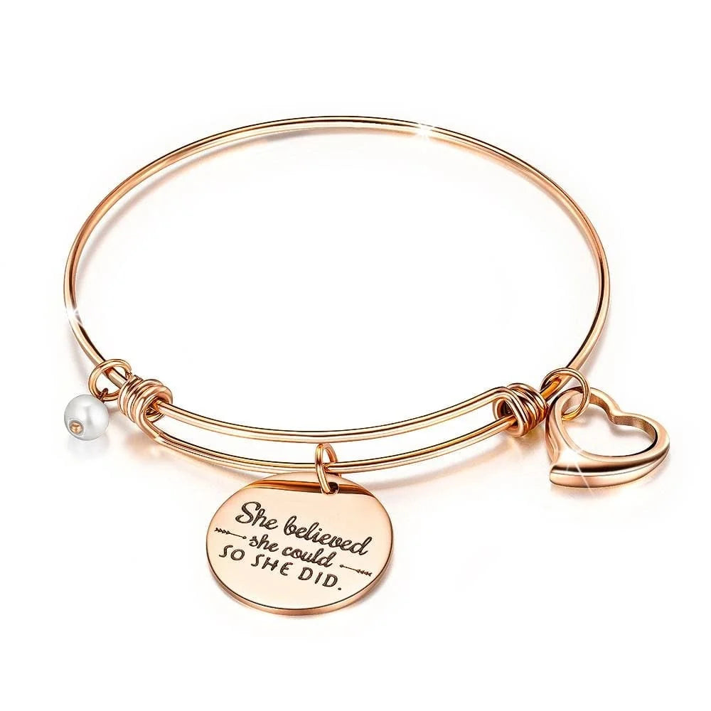 Boxed Double Inspiring Heart Love Charm Rose Gold Cuff and Toggle Bangle Set
