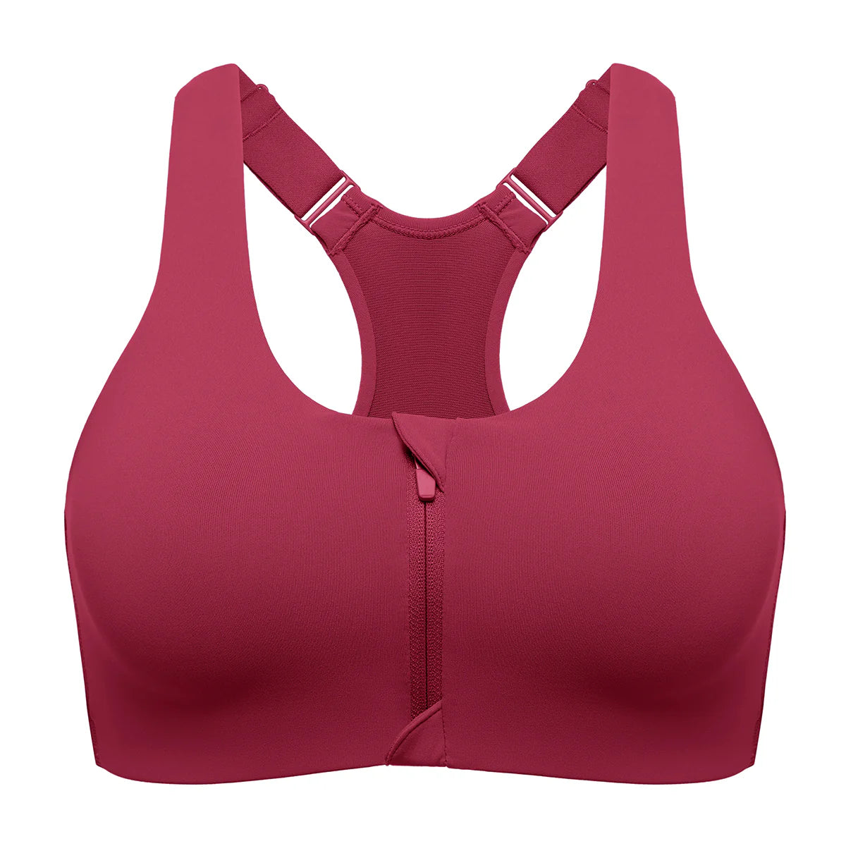Power On Soft Padded High Impact Zip Front Sports Bra - Wine